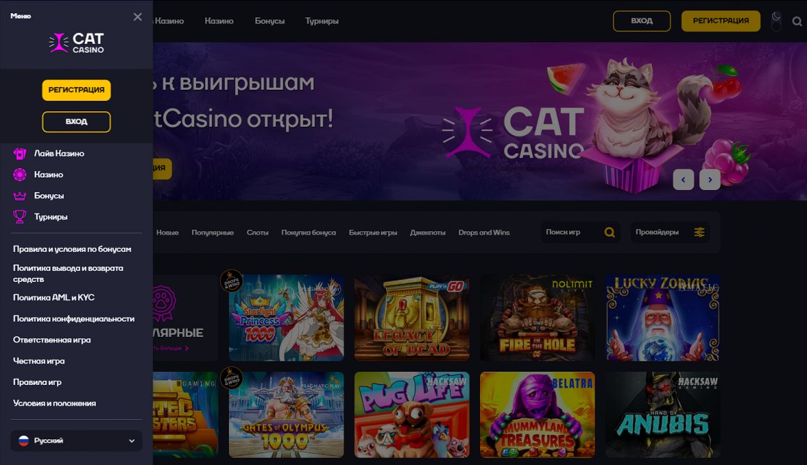 Casino Cat - навигация по сайту